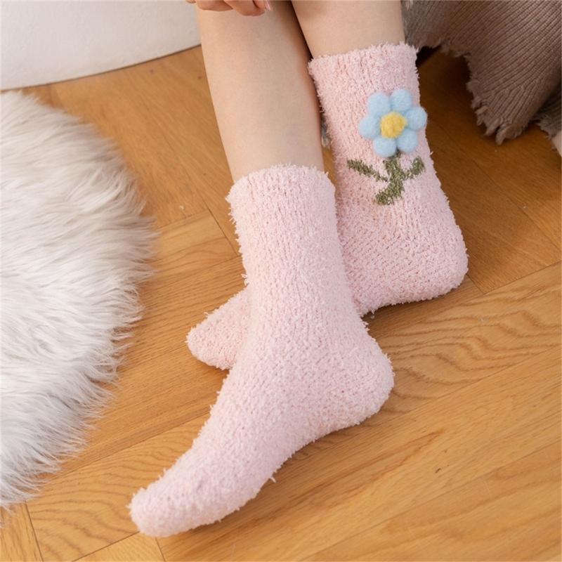 Japanese Women Girl Cute Coral Fleece Slipper Socks 3D Plush Flower Thicken Warm Thermal Fuzzy Floor Sleeping Socks