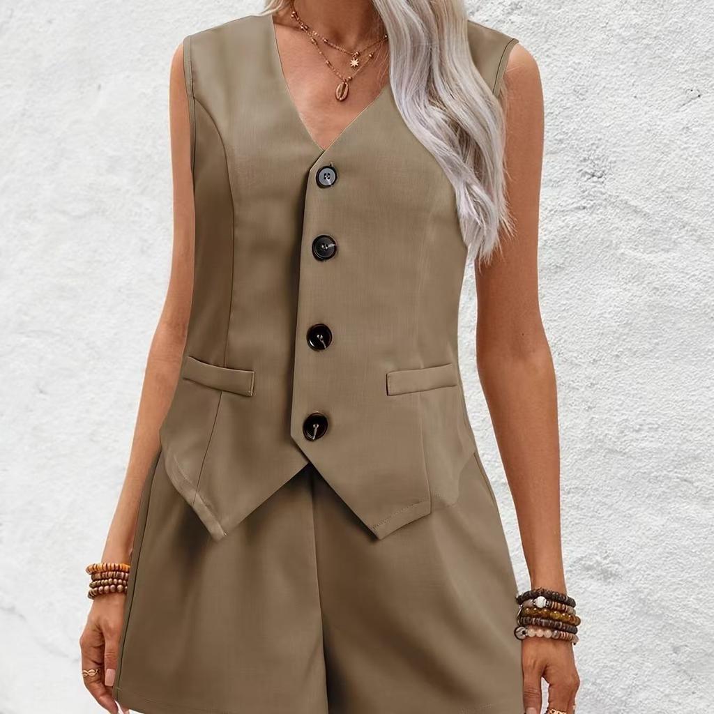 2026 New Cross-border Casual Women's Clothing Elegant Commuter V-neck Button-decorated Vest Shorts Short Two-piece Set