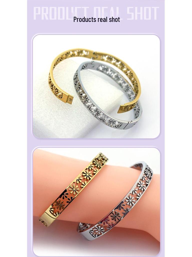 Edelstahl Schneeflocken Armreif: Weihnachten und Neujahr Offener Armreif aus Silber oder vergoldetem Titanstahl.