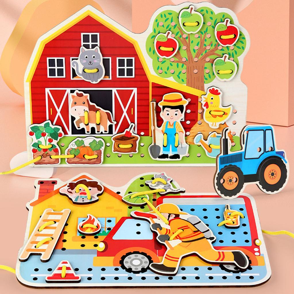Fire Scene Wooden Lacing Figures Educational Early Learning Wooden Stringing Toy for Kids