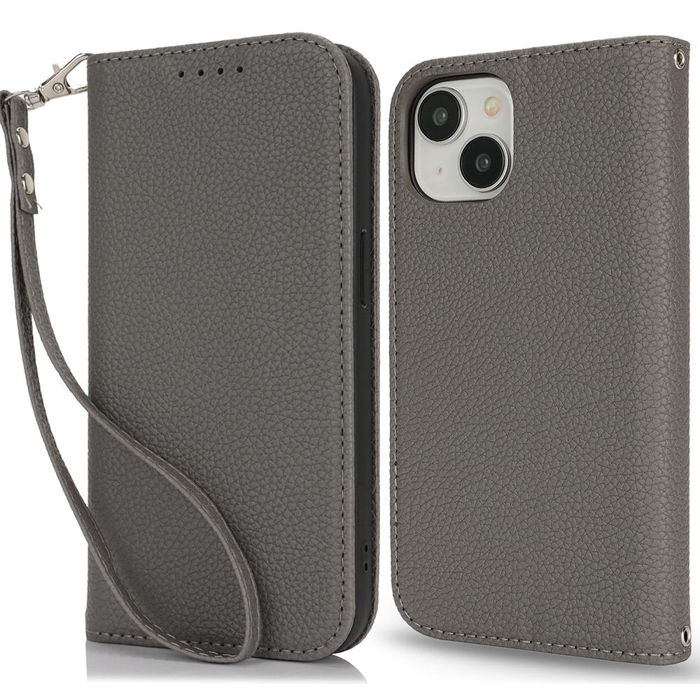 Stand Case for iPhone 14/13 Litchi Texture Leather Flip Phone Cover with Strap/Wallet