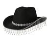 Men's and women's cowboy hats, Panamanian top hats, three-dimensional round eyes, round diamonds with rhinestones and fringed bridal gifts