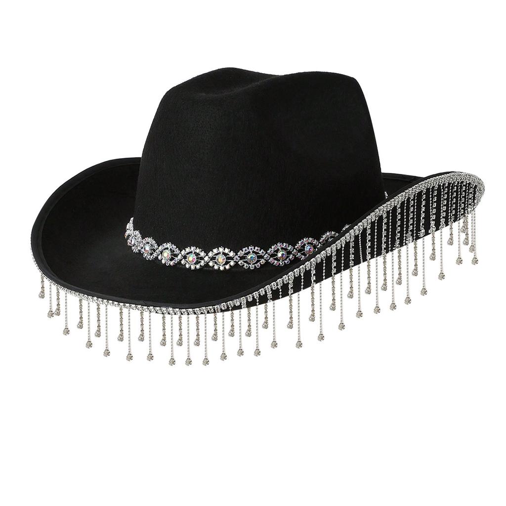 Men's and women's cowboy hats, Panamanian top hats, three-dimensional round eyes, round diamonds with rhinestones and fringed bridal gifts