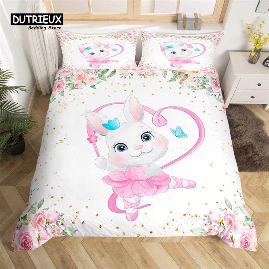 Niedliches Milchkuh Bettwäsche-Set King Cartoon Tier Bettbezug Botanisch Floral Steppdeckenbezug Mikrofaser Bauernhaus Tagesdecke Bezug