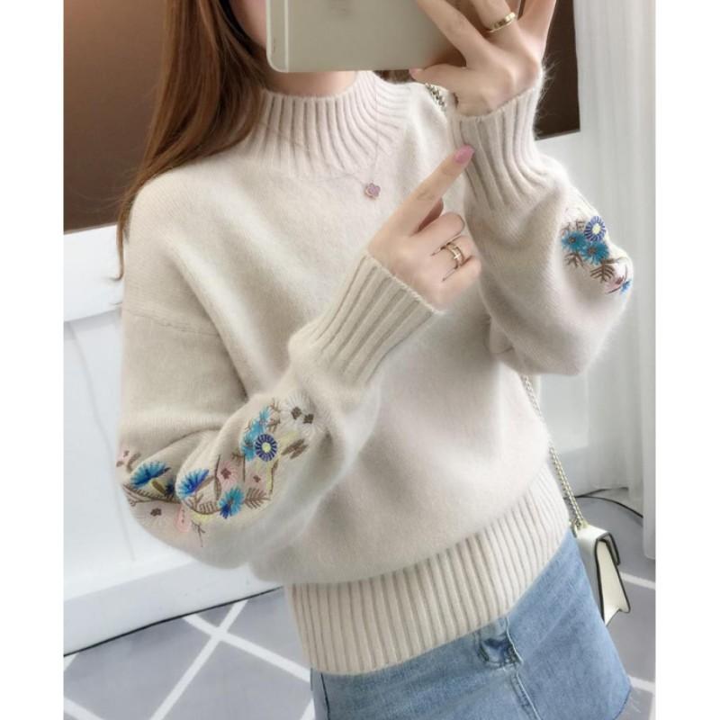 Women's Fall/Winter Korean-Style Versatile Half-Turtleneck Long-Sleeve Knit Sweater—Fitted Embroidered Sweater