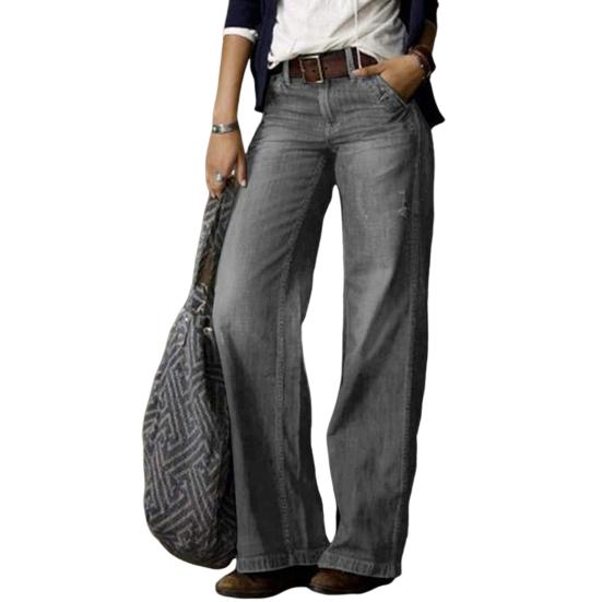 Women Jeans Retro Straight Distressed Solid Color Multi Pockets Mid Waist Button Zipper Closure Streetwear