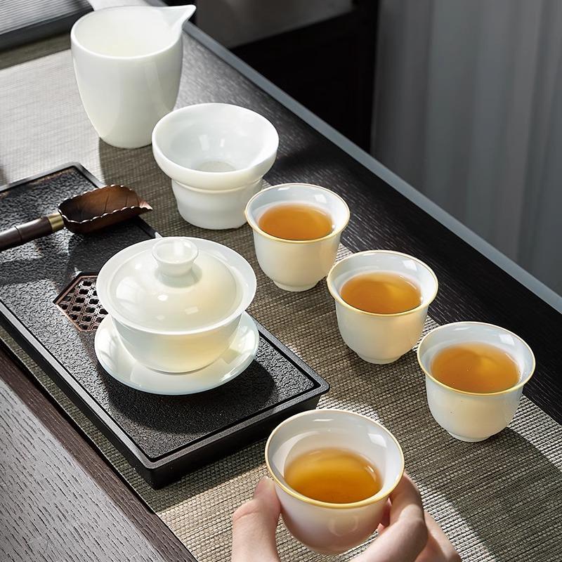 Suet jadecover bowl three talentsare not hot, hover white porcelain tea bowl householdhigh-end tea cup kung fu tea set tea maker
