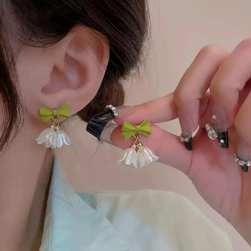 1Pair Sweet Bow Bell Orchid Stud Earrings For Women Girls Elegant Exquisite Versatile Advanced Sense Bowknot Earrings Jewelry