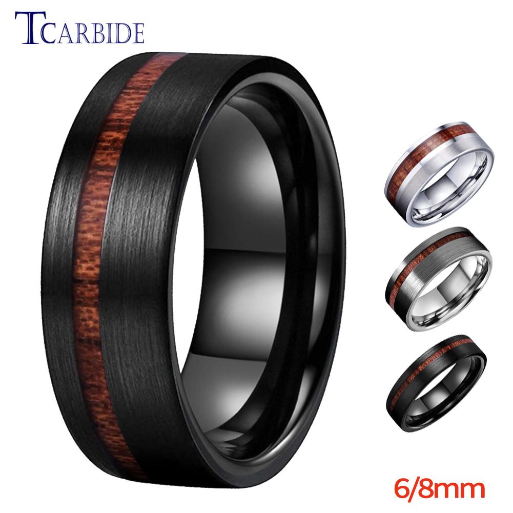 6MM 8MM Black Wedding Band For Men And Women Offset Groove With Real Wood Inlay Trendy Gift Jewelry Comfort Fit