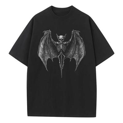 Loose T-shirt Cotton Pattern T-shirt Designer Clothes Skull Bat Pattern Drop Shoulder Vintage Neutral Top Versatile T-shirt