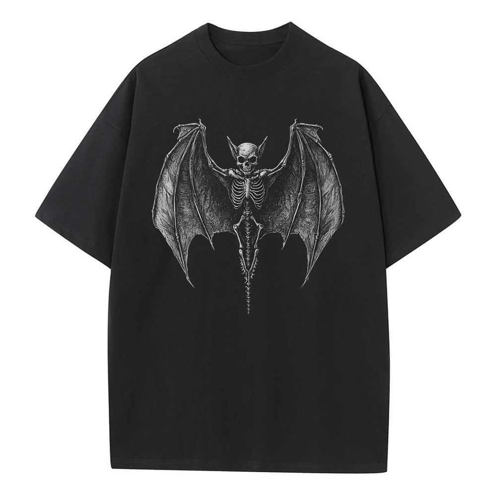 Loose T-shirt Cotton Pattern T-shirt Designer Clothes Skull Bat Pattern Drop Shoulder Vintage Neutral Top Versatile T-shirt