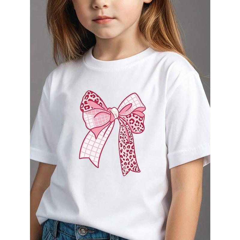 European sizes Girls  Summer Round Neck Short Sleeve T-Shirt, Pink Plaid Leopard Print Bow Design, Fashionable Comfortable Loose Fit, 98cm