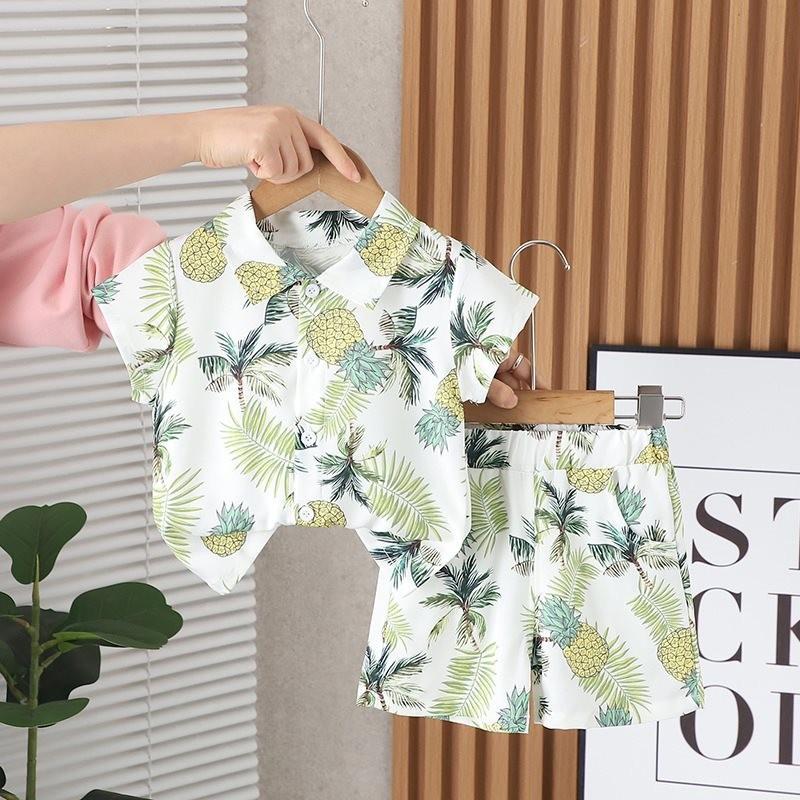 Adorable Boys Hawaiian Floral Shirt And Short Set For Summer Beach Vacation In Soft Cotton