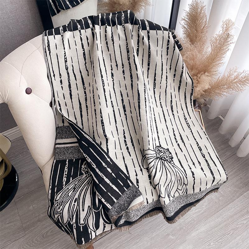 Korean Version Striped Simple Style Double-Sided Imitation Cashmere Scarf Winter High-End Temperament Women'S Warm Shawl