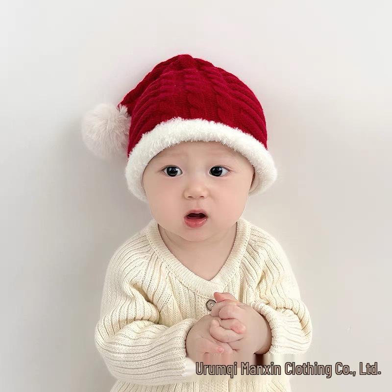 Świąteczna Ciepła Dzianinowa Wełniana Czapka Dziecięca - Czerwony Plusz na Boże Narodzenie i Nowy Rok