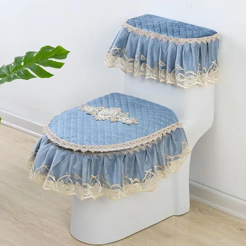 4 Season Purple Toilet Seat Cushion Velvet Lace Edge Toilet Pad Seat Set of 3 Pieces Seat Cushion Cover Zipper Style