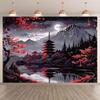 2D Japanese Night Scenery Backdrop, Mount Fuji & Pagoda Tapestry for Home & Studio