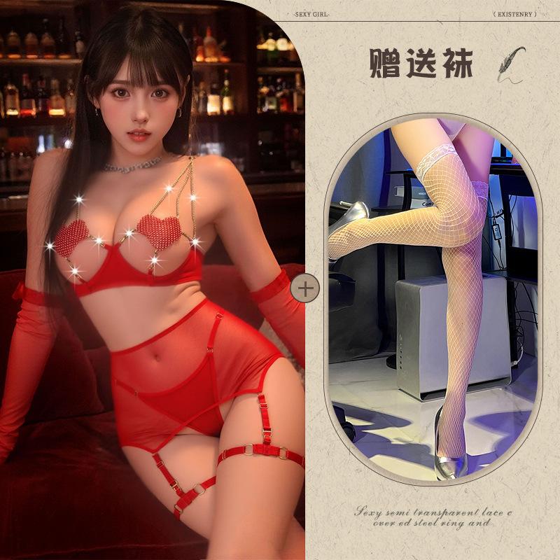 Sex underwear women's love chain hollow perspective temptation mesh bed teasing abstinence soul set