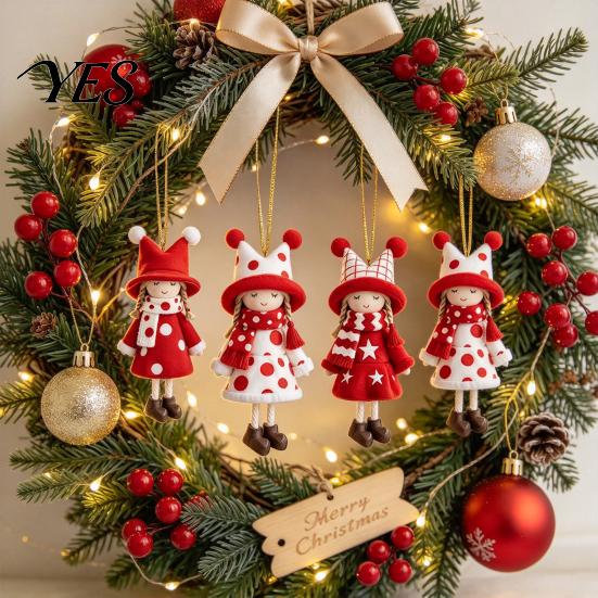 Traditional Wooden Xmas Tree Ornaments Girl Christmas Ornaments, 2D Flat Red White Hanging Rustic Holiday Figure Decoration for Tree, Mantel,