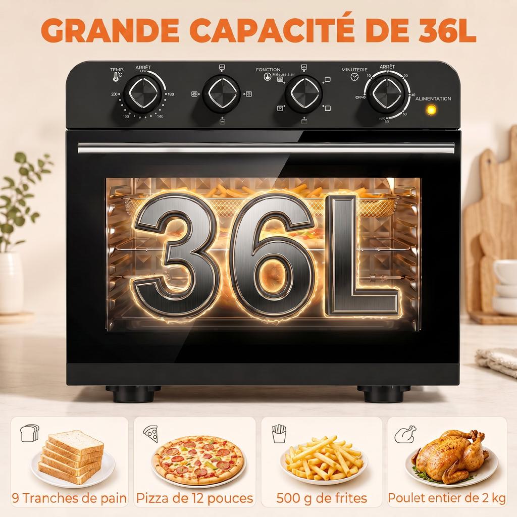Four Hot Air Fryer 36L 1800 W with Black Steel Rotisserie