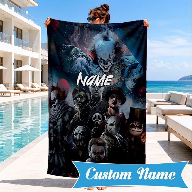 Custom Name Halloween Horror Christmas  Beach Towel Microfiber Beach Towel, Lightweight and Quick-Dry, for Summer Travel, Swimming Pool Gift