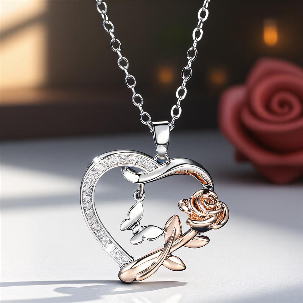 Female Crystal White Zircon Stone Rose Flower Butterfly Heart Pendant Necklace Vintage Silver Color Wedding Jewelry For Women