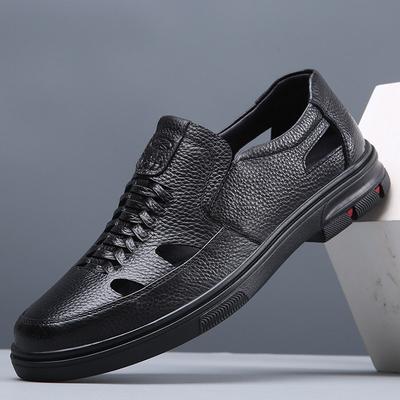 Men's Leather Sandals Large Size 47 Dad Shoes Hole Shoes Middle-aged and Elderly Leather New Size 36 Summer Punched Sandals