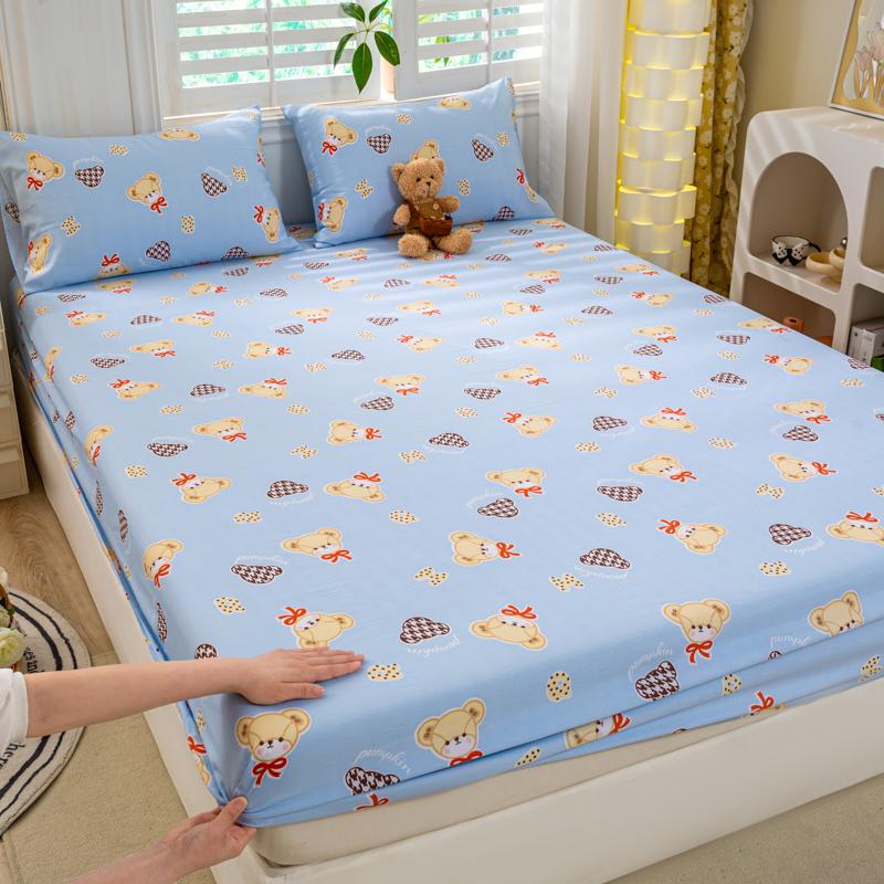 Bed Sheet with Elastic Washed Cotton Blue Flower Printed Fitted Sheet Single/Queen/King Mattress Cover for Double Beds