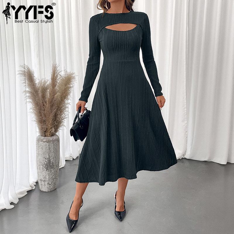 YYFS Women's Fashion Fall Winter Solid Color Print Long Sleeve O-Neck High Waist Casual Dresses