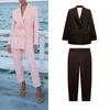 With Padded Shoulder Double Breasted Graceful Suit Jacket 2205593 High Waist Silm Casual Pants 2199593