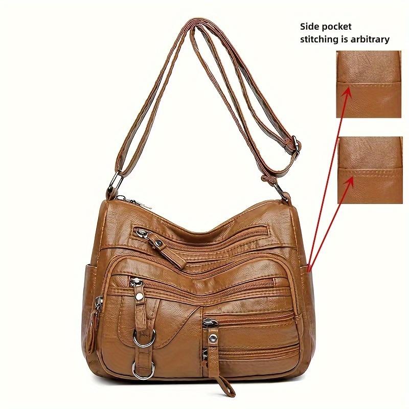 Elegante bolso bandolera retro de color sólido: Piel sintética suave, bolsillos con múltiples cremalleras para la mujer moderna