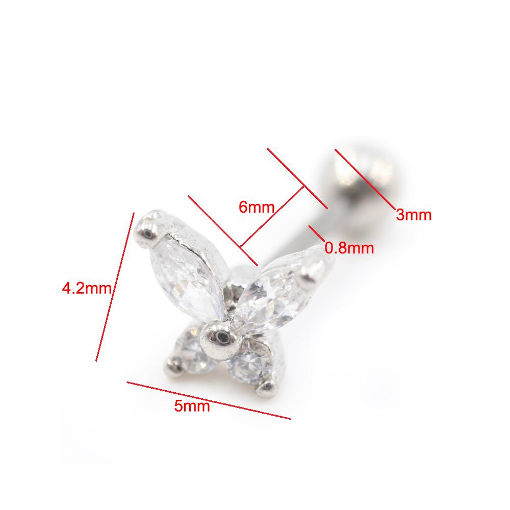 Alisouy 2PCS Butterfly Resin Zircon Ball Stainless Steel Women Men Ear Stud Earrings Cartilage Tragus Helix Pierceing Jewelry