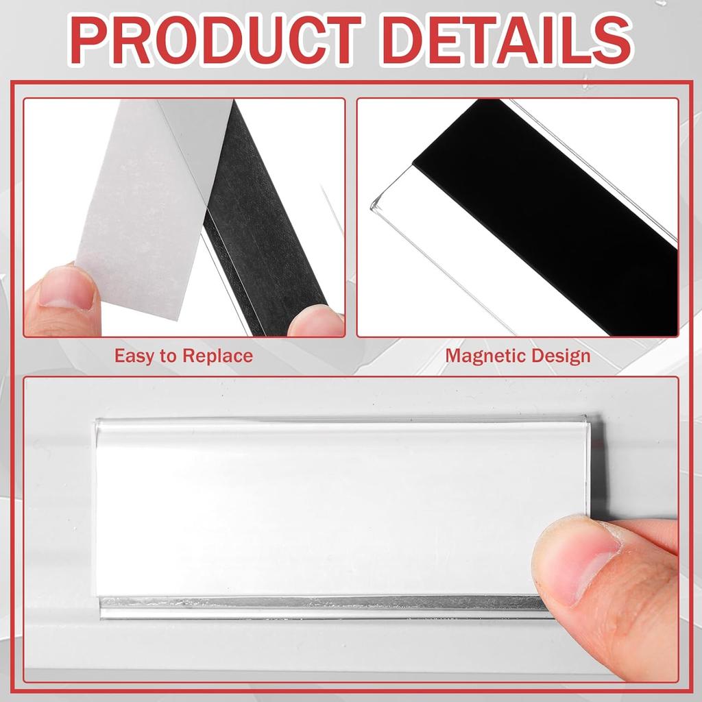 Fainne 50 Pcs 1.25" H Magnetic Shelf Label Holders for Metal Racks and Shelves, 3'' Long Clear Magnetic Shelf Label Strips Gondola Price Tag talled
