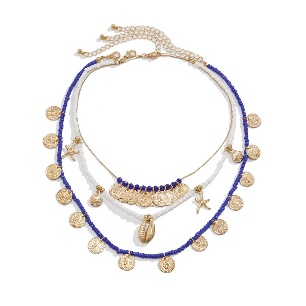 Literary And Retro-Style Portrait, Coin Necklace, Ethnic And Exotic Rice Beads, Beaded Shell Necklace Decoration