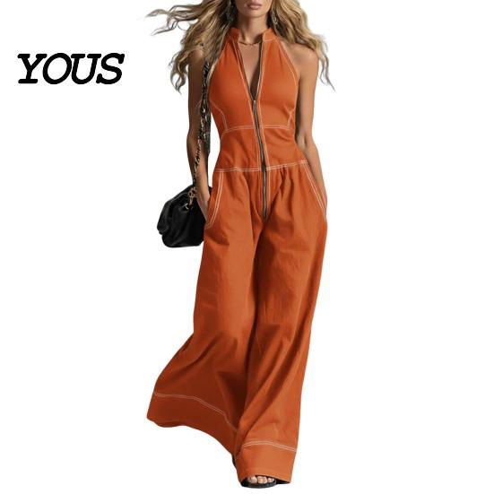 Polyester Jumpsuit Damen Ärmelloser Jumpsuit, Reißverschluss Stehkragen Weiter Bein Alle Größen Hosen Strampler, Lässige Sommer Einteiler Outfits mit Taschen
