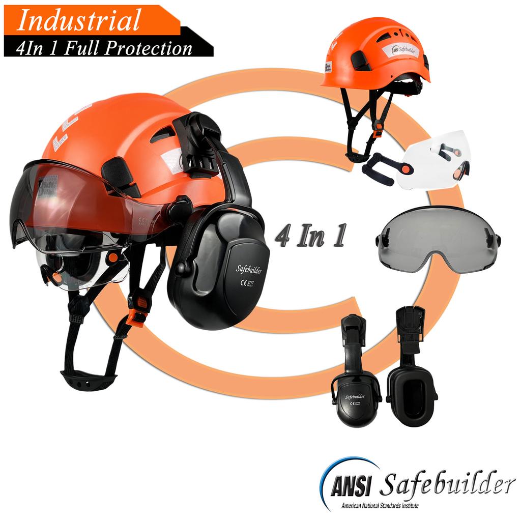 Casco di Sicurezza per Cantiere con Protezione Oculare e Costruzione Antisfondamento, Elmetto, Cuffie Antirumore, Protezione Cranica Protettiva per Cantiere