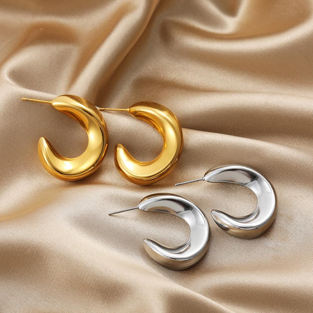 18K Gold Stainless Steel C Earrings Simple Meniscus Geometric Stud Earrings Stylish Twist Curved Ear Jewelry