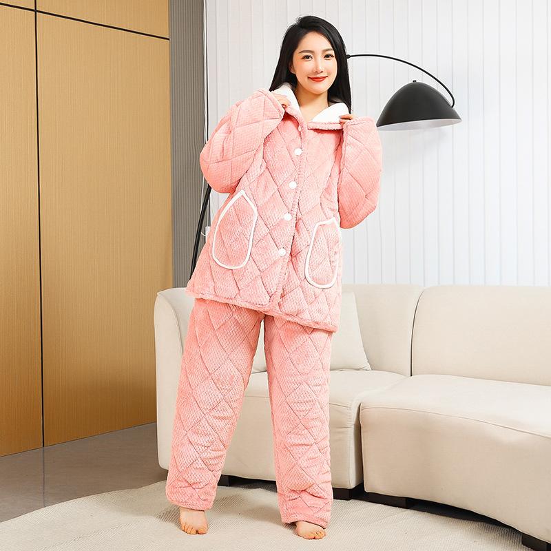

Женская фланелевая домашняя одежда, комплект осенне-зимней трехслойной толстой и теплой коралловой бархатной куртки с хлопковой подкладкой XLextended