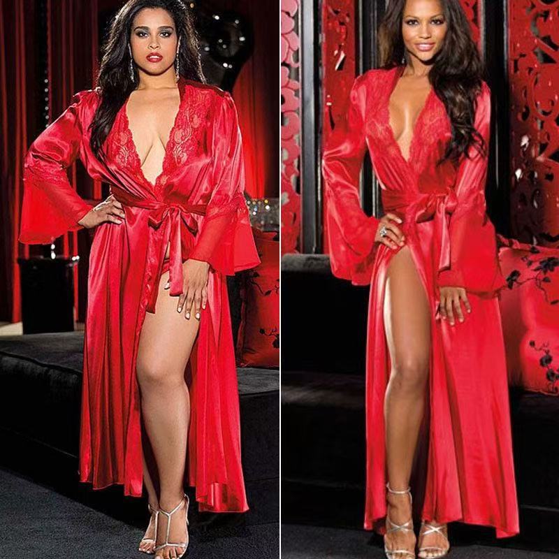 

Sexy women s lingerie, European and American lace large size perspective extended bathrobe perspective nightgown 6XL червоний