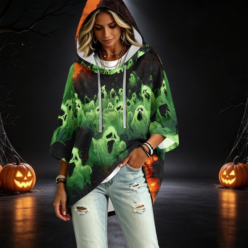 Women's Fashionable Three-Quarter-Sleeve Halloween-Printed Hooded Pullover