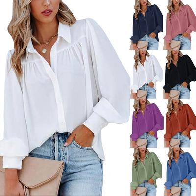 Women Blouse Long Sleeve T-Shirts Solid Turndown Collar Lantern Sleeve Tops Blouse Basic Shirt