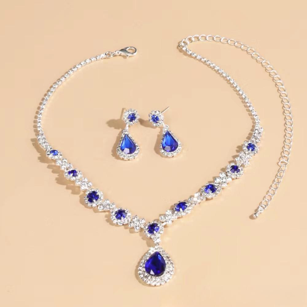 Комплект ювелирных изделий Серьги Подвеска Стразы Ожерелье Женские украшения Королевский Синий Капля Воды Модные Свадебные Аксессуары