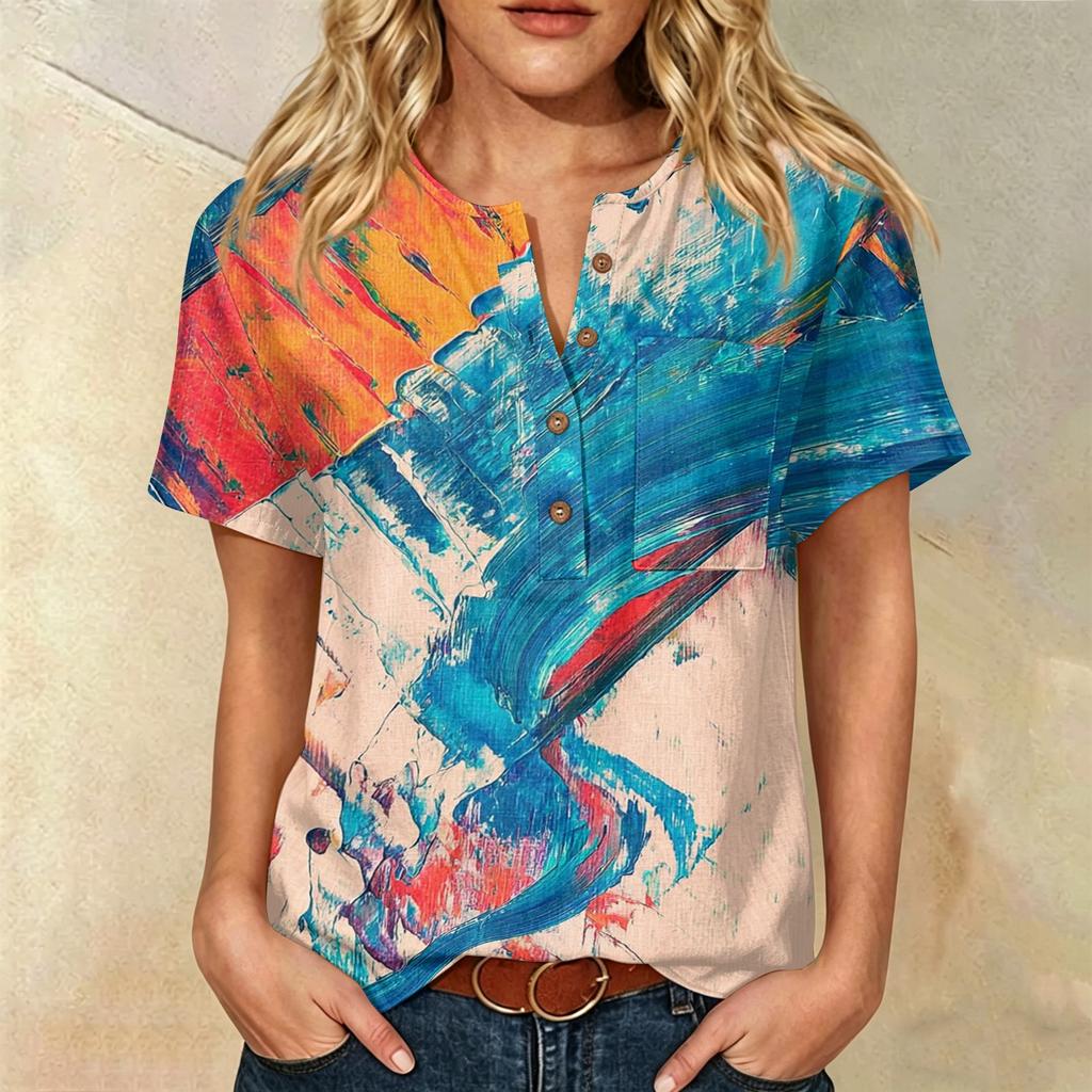 Women Casual Printed Henley Neck Button Front Pocket Short Sleeve Linen Cotton Shirt Blouse Top for Summer