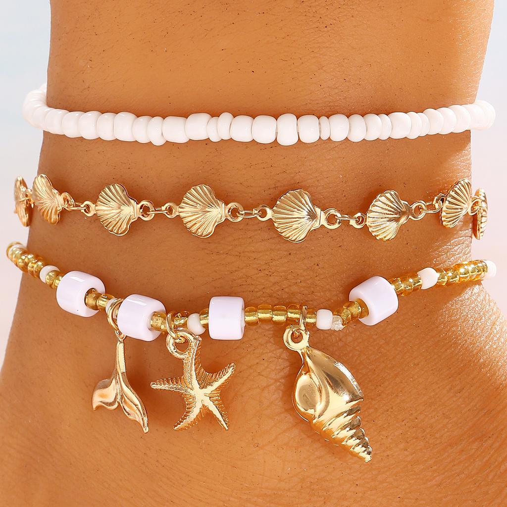 3pcs Set Creative Retro Starfish Conch Imitation Pearl Shell Beaded Stackable Anklets for Women Bohemian Vacation Jewelry Gifts