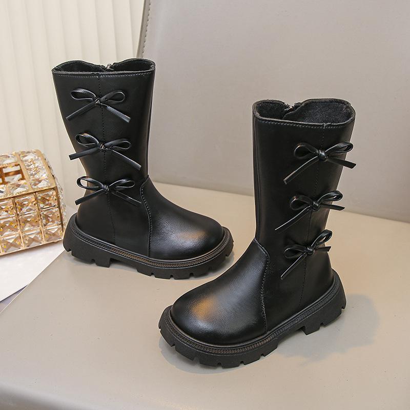 2025 Autumn/Winter Girls' High Leather Boots - Stylish Bow Princess Martin Style