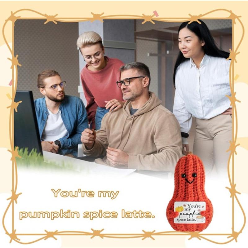 Handmade Knitted Pumpkin Ornament Home Room Decoration Funny Crochet Emotional Support Pumpkin Doll With Card Halloween Gifts