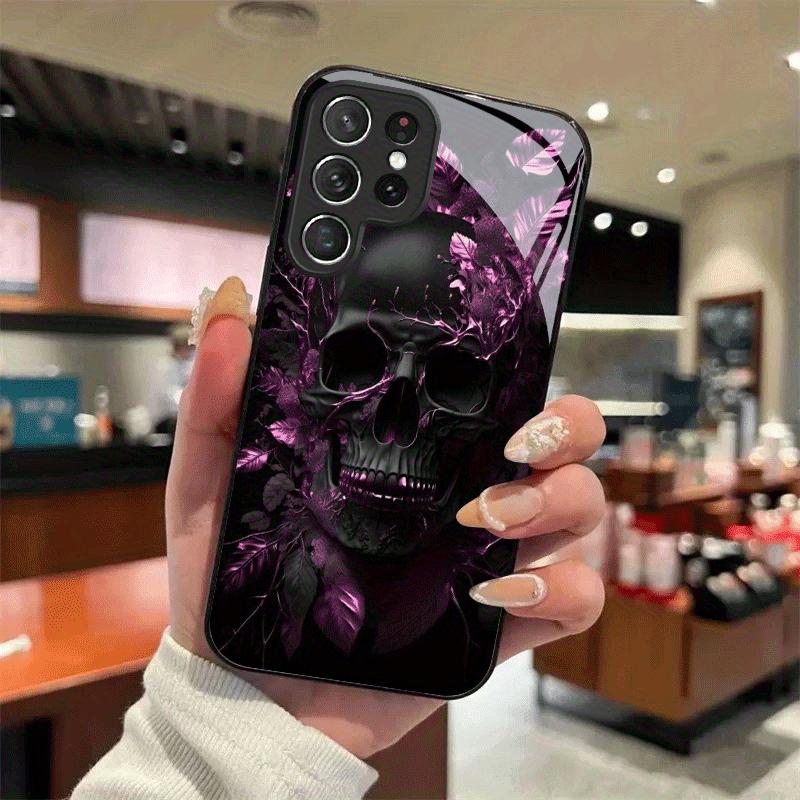 Purple Leaf Skull Pattern Glass Phone Case Suitable for Samsung Galaxy S26 S25 S24 S22 S21 S20FE/Ultra/Plus Anti Drop Back Cover