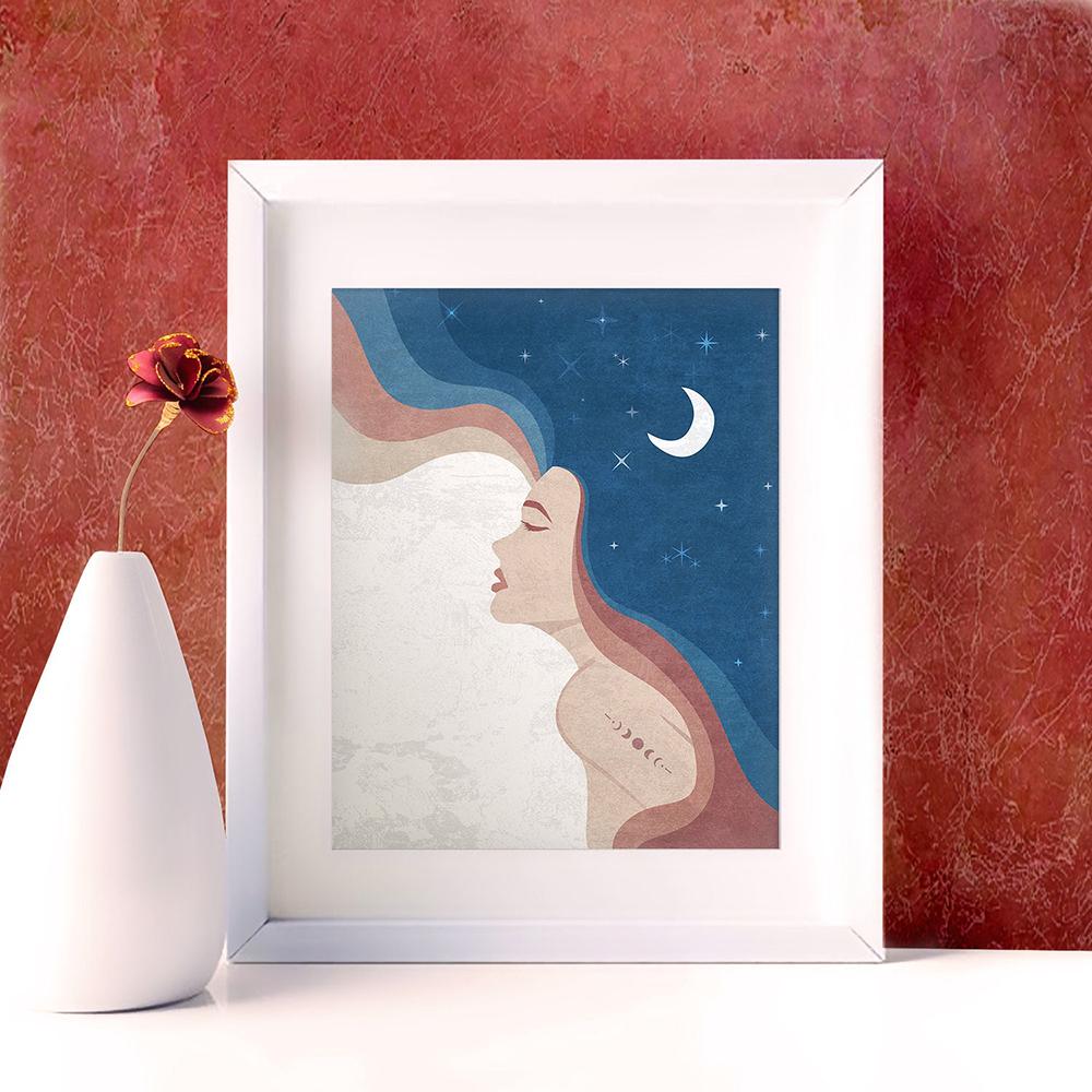 Blue Soulmate Couple Canvas Painting Boho Beautiful Women Wall Art Pictures Sun Moon Poster Abstract Minimalist Print Home Decor