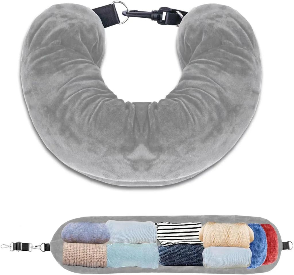 2 In 1 Fleece Folding Pillow Refillable Travel Bag Solid Color Soft U-shaped Storage Neck CushionTravel Accessories