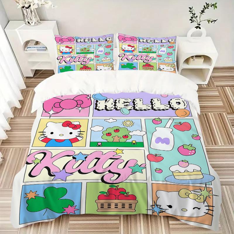 3pcs Hello Kitty's Whimsical World Printed Quilt Set - Includes 1 Quilt Cover and 2 Pillowcases, Machine Washable - Suitable for All Seasons.H054